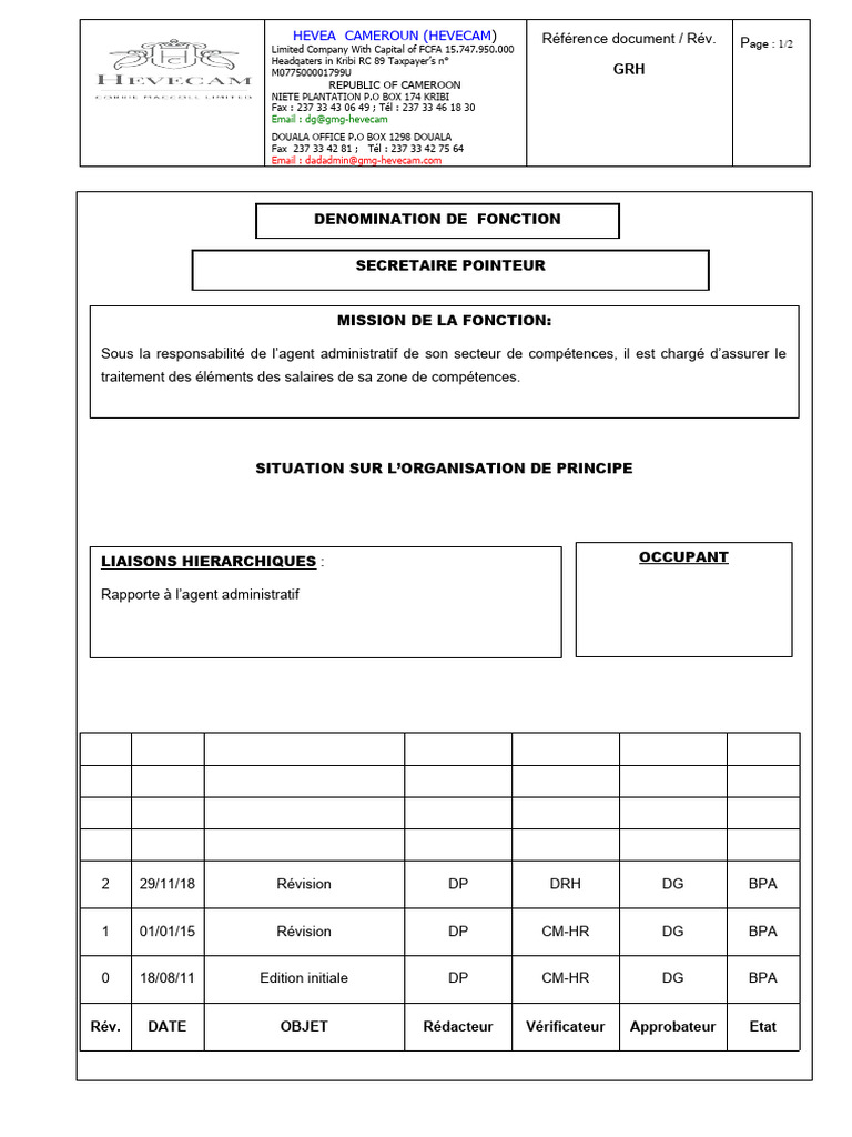 Fiche de poste : Secrétaire Pointeur | PDF | Lieu de travail | Business