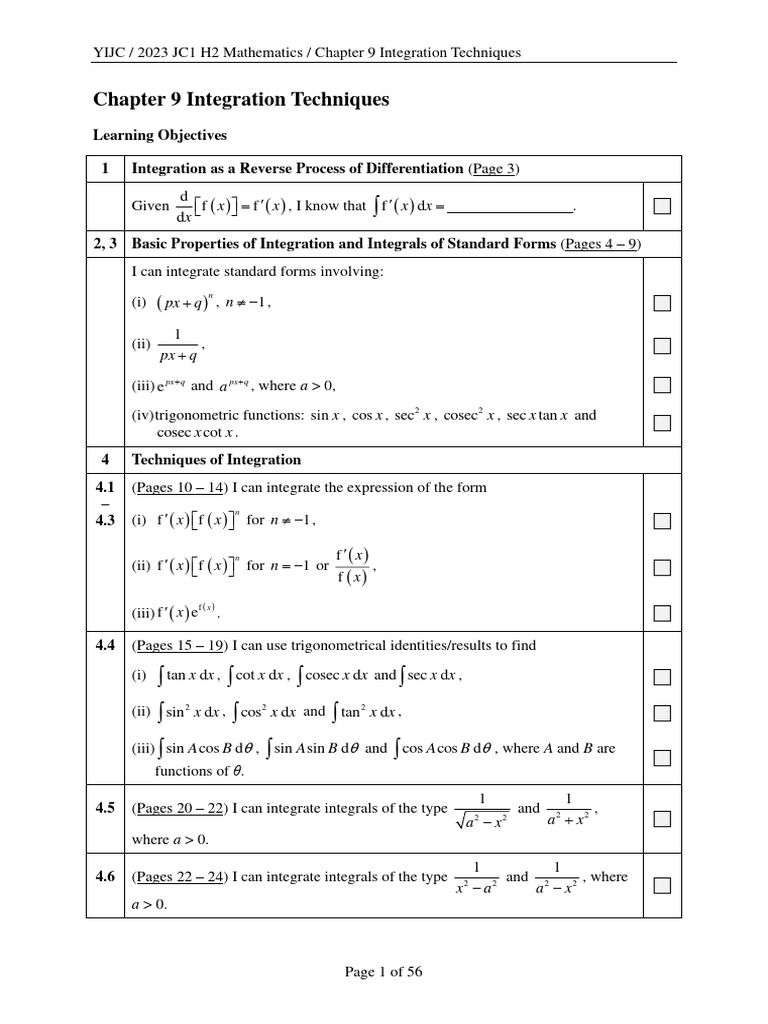 2023 H2 Chapter 9 Integration Techniques - Notes (Student) | PDF