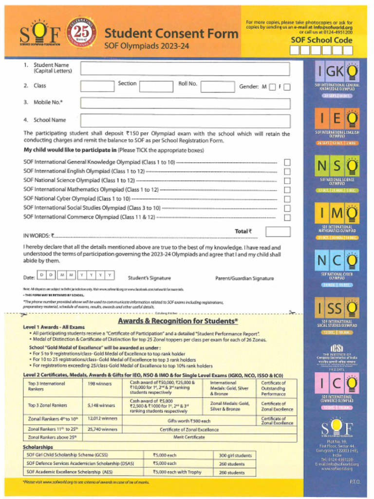 Student Consent Form SOF olympiad PDF