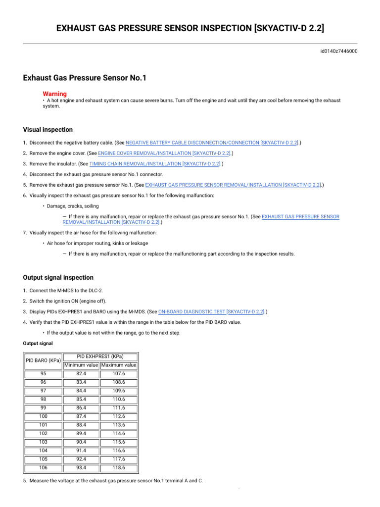 Exhaust Gas Pressure Sensor Inspection (Skyactiv-D 2.2) | PDF