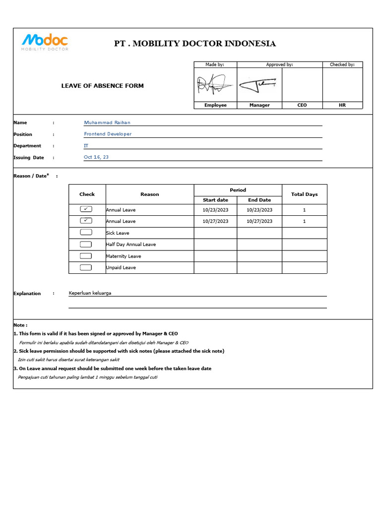 Leave of Absence Form Template | PDF