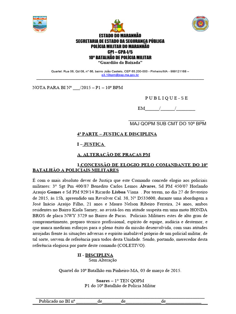 Elogio a Policiais Militares do 10º BPM | PDF | Polícia | Relações ...
