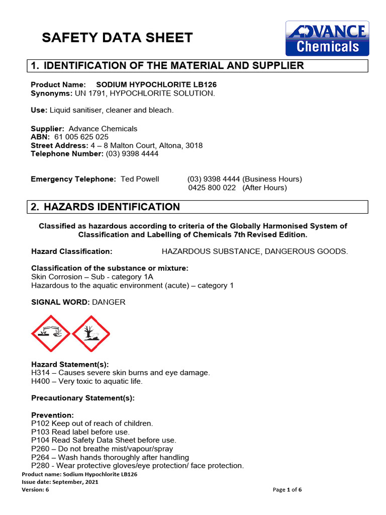 126SODIUMHYPOCHLORITE PDF Dangerous Goods Personal Protective