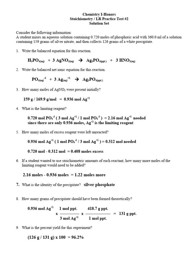 Stoich - Lr. Prac - Test.2.for 4.12.07.ans - Key | PDF