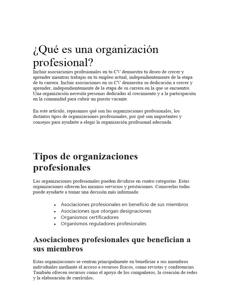 Tipos y funciones de organizaciones profesionales | PDF