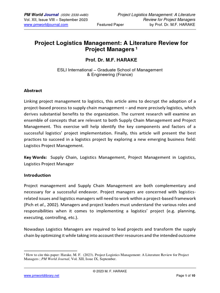 Project Logistics Management Insights | PDF | Supply Chain | Logistics