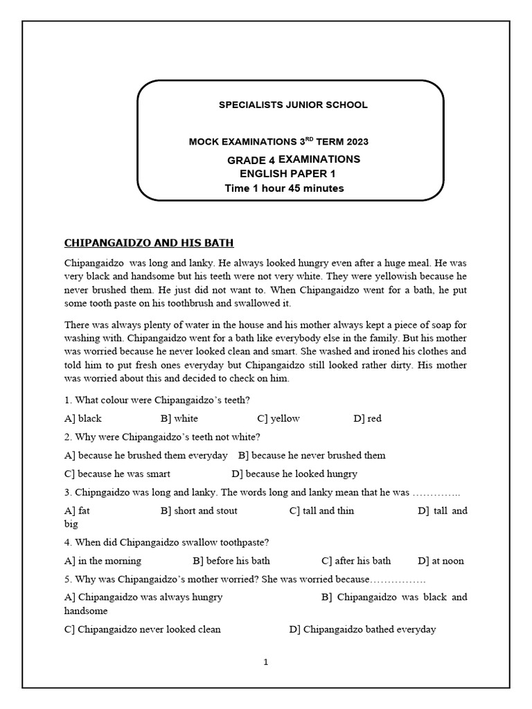 GRADE 4 ENGLISH P1 MOCK TERM 3RD 2023 PDF