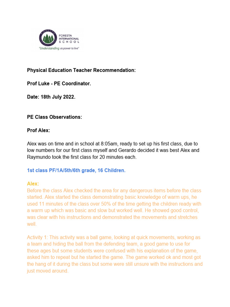 Physical Education Teacher Recommendation | PDF