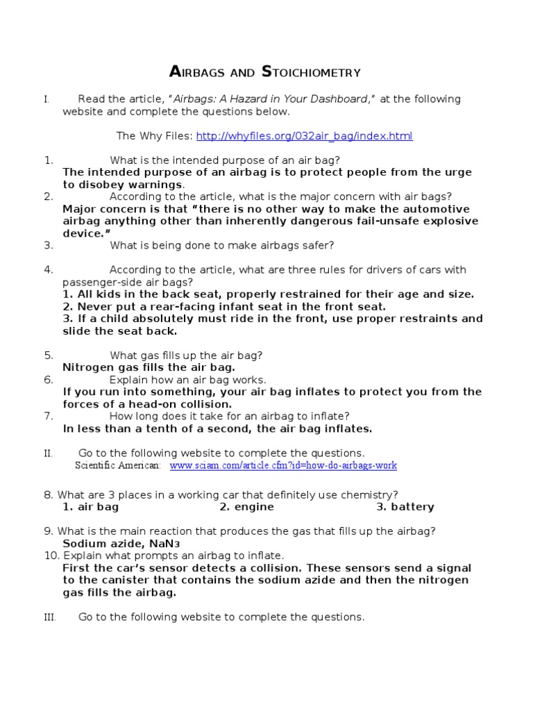 Airbags and Stoichiometry Answers Airbag Chemical Compounds