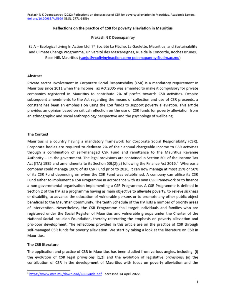 CSR for Poverty Alleviation in Mauritius | PDF