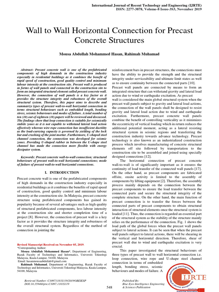 Wall To Wall Horizontal Connections For Precas Concrete Structures | PDF