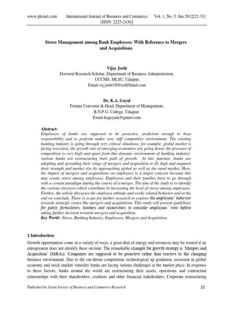Stress Management Among Bank Employees W | PDF | Mergers And ...