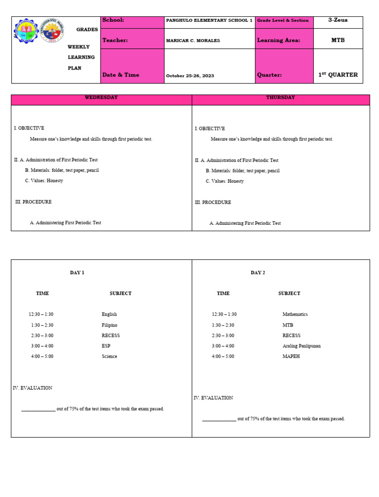 Lp For Periodical Test Pdf Science Behavior Modification