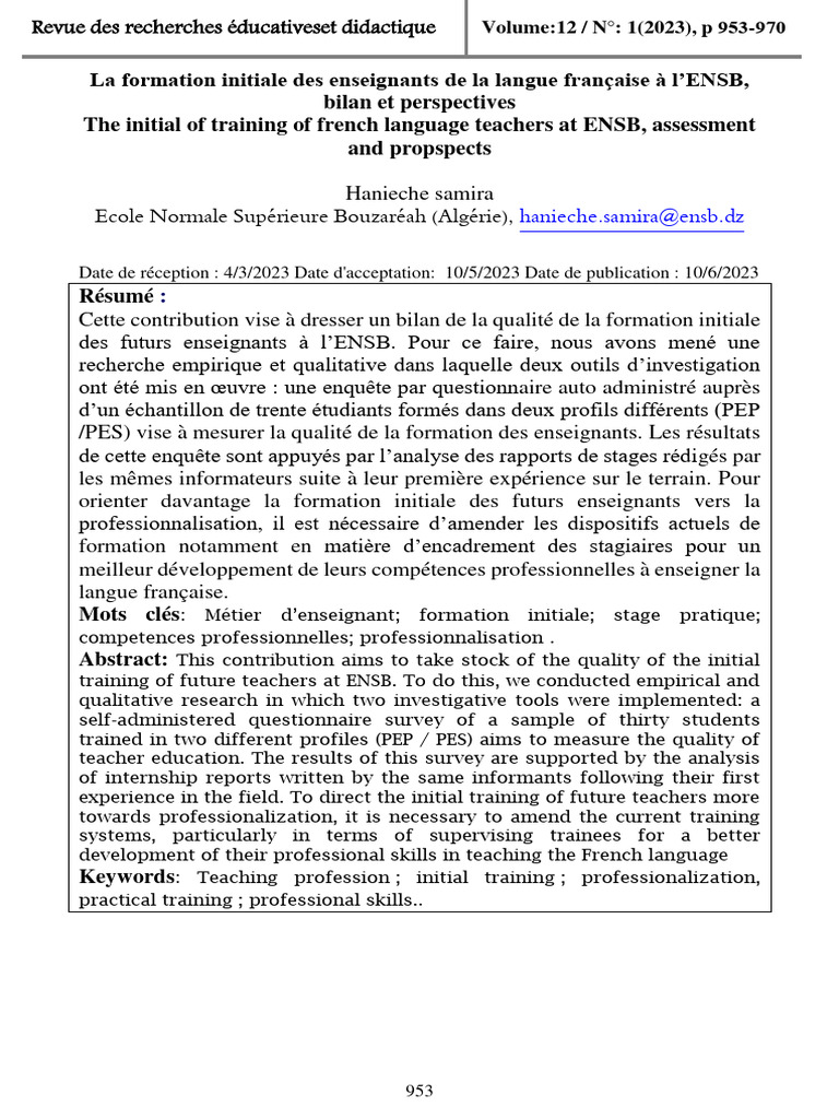 La Formation Initiale Des Enseignants de La Langue Française À l'ENSB ...