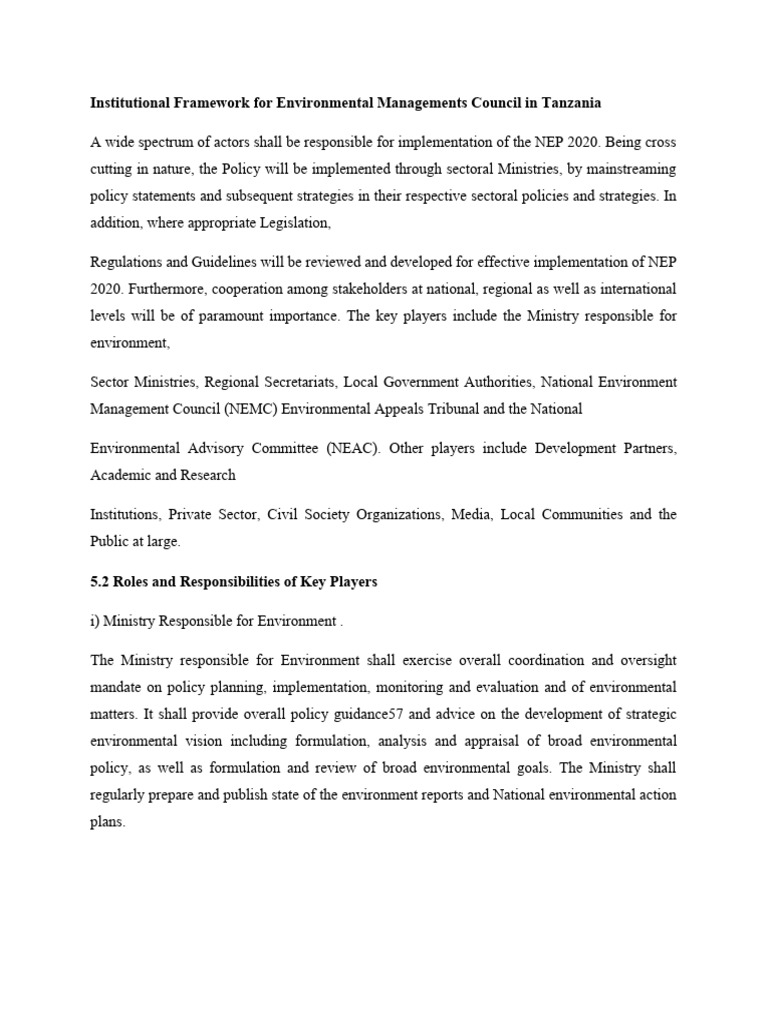 Institutional Framework For Environmental Managements Council in