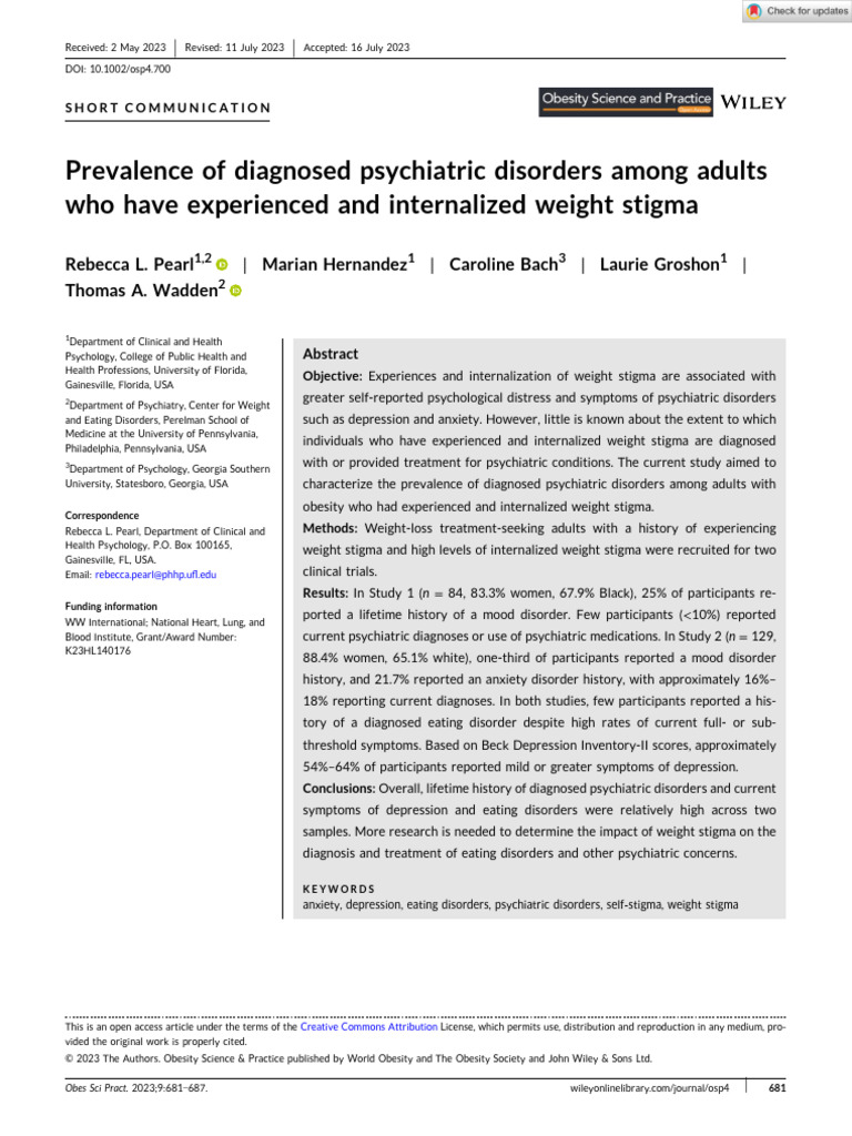 Weight Stigma and Psychiatric Disorders | PDF | Mental Disorder ...