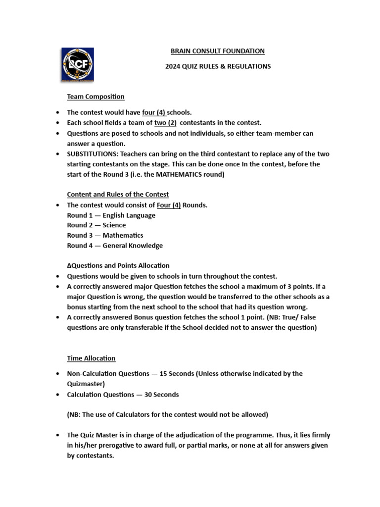 2024 School Quiz Competition Rules | PDF | Career & Growth | Self ...