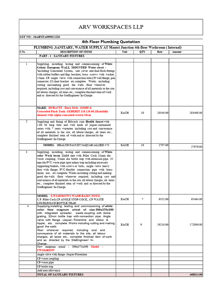 Plumbing Quotation for Mantri Junction | PDF | Pipe (Fluid Conveyance ...
