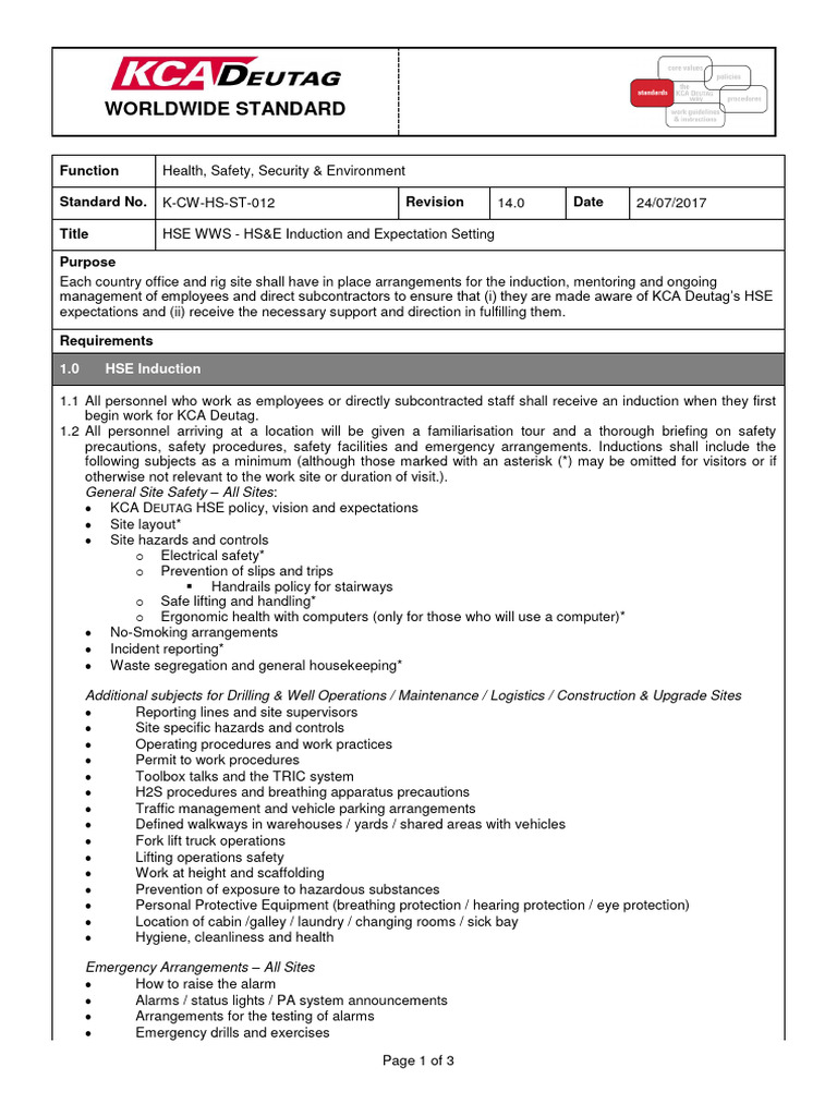 HSE Induction and Expectations Guide | PDF
