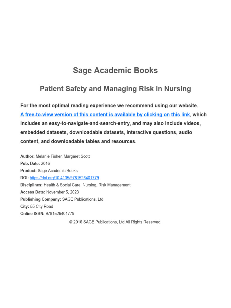 Patient Safety and Managing Risk in Nursing | PDF | Patient Safety ...