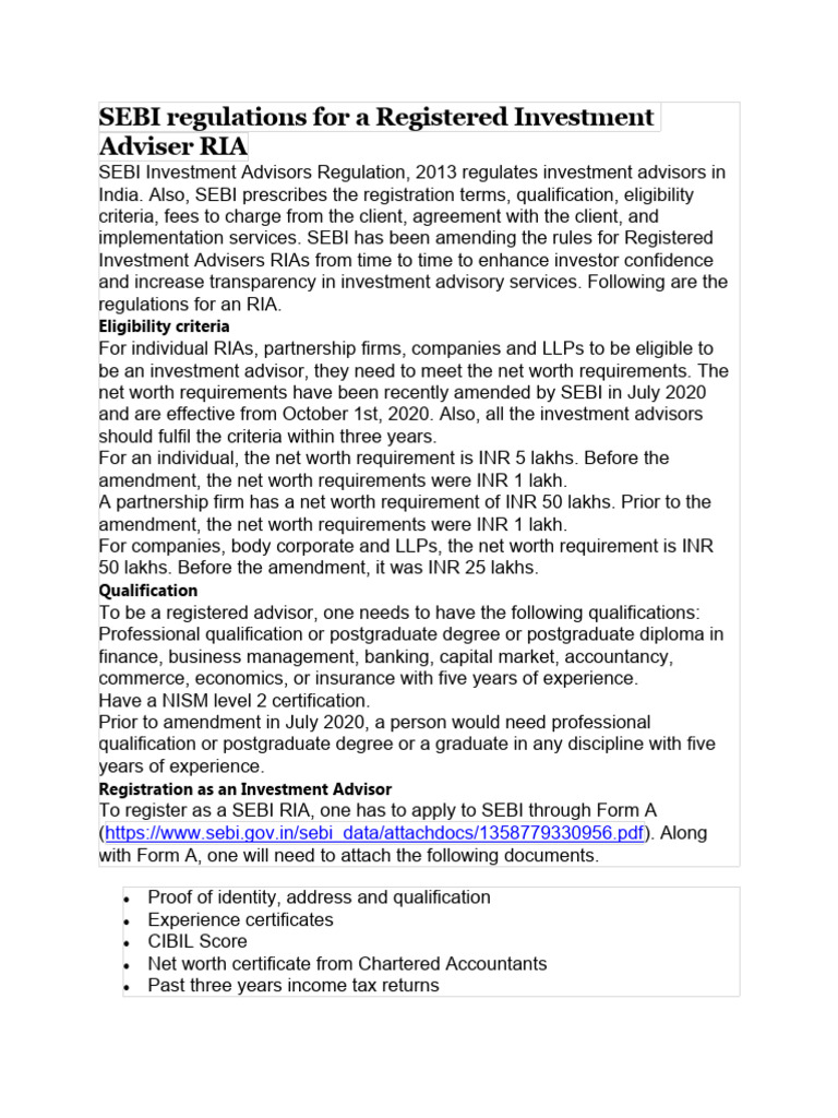SEBI Regulations For A Registered Investment Adviser RIA | PDF