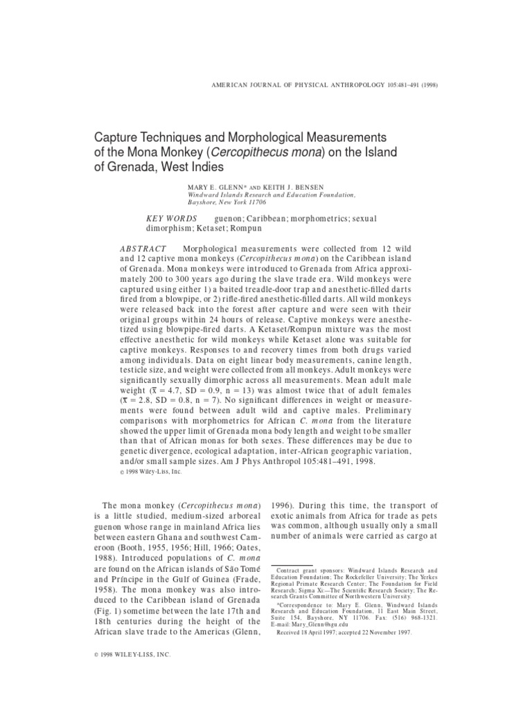 Mona Monkey Capture and Morphometrics | PDF
