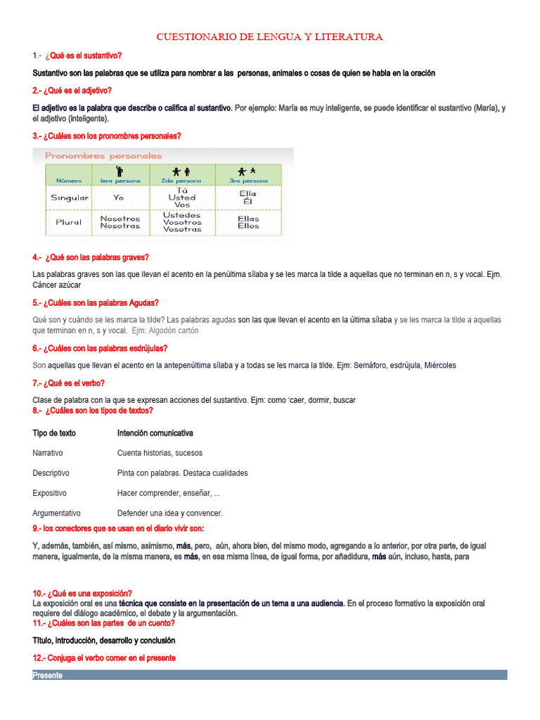 CUESTIONARIO DE LENGUA Y LITERATURA | PDF