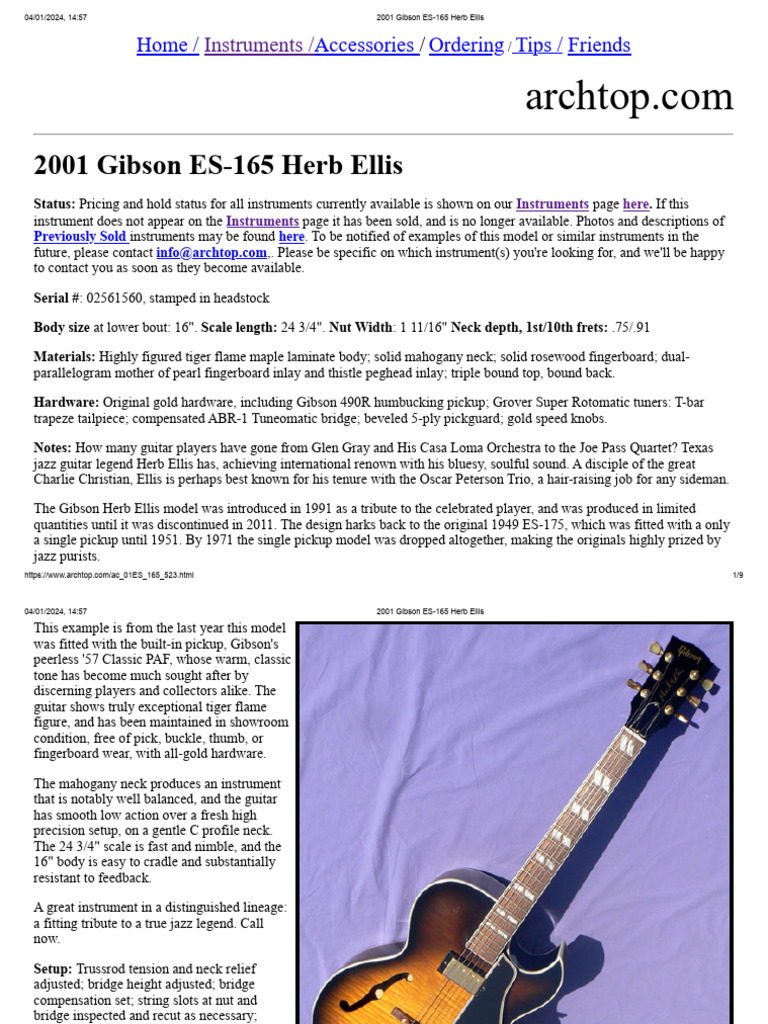 2001 Gibson ES-165 Herb Ellis Model | PDF | Chordophones | Necked