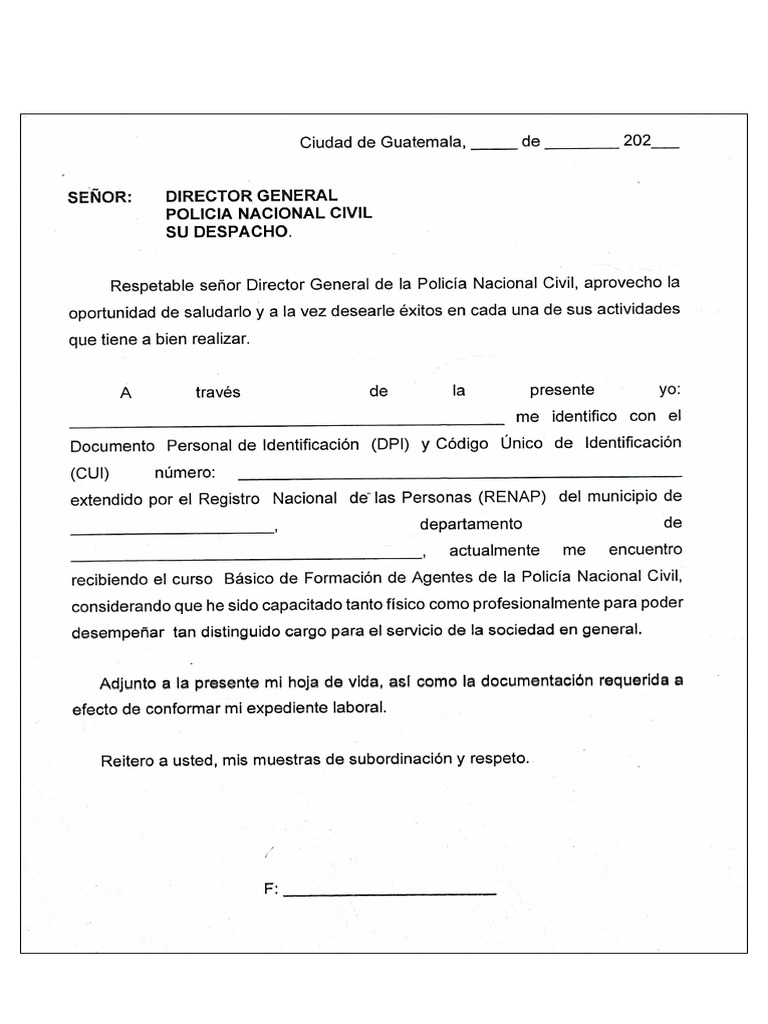 SOLICITUD DE TRABAJO DIRIGIDO AL SEÑOR DIRECTOR GENERAL DE PNC PDF