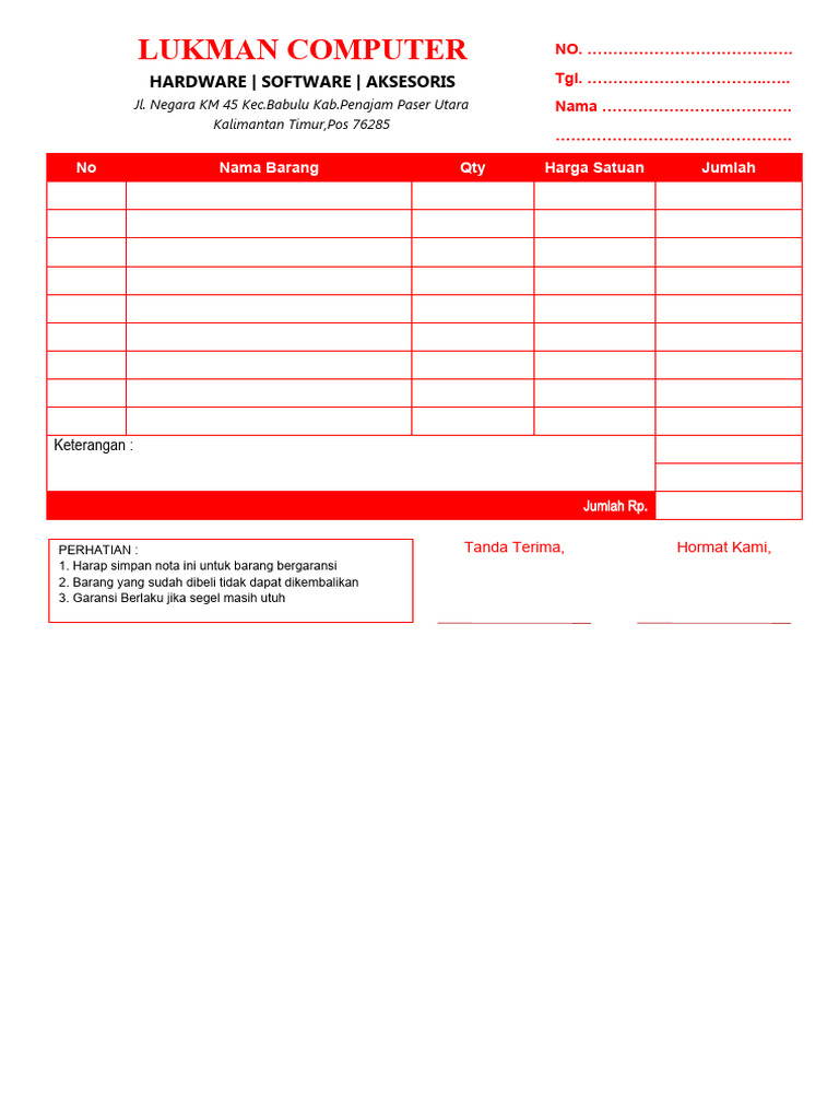 Contoh Template Nota Toko Komputer Percentakan Word 3 2 PDF