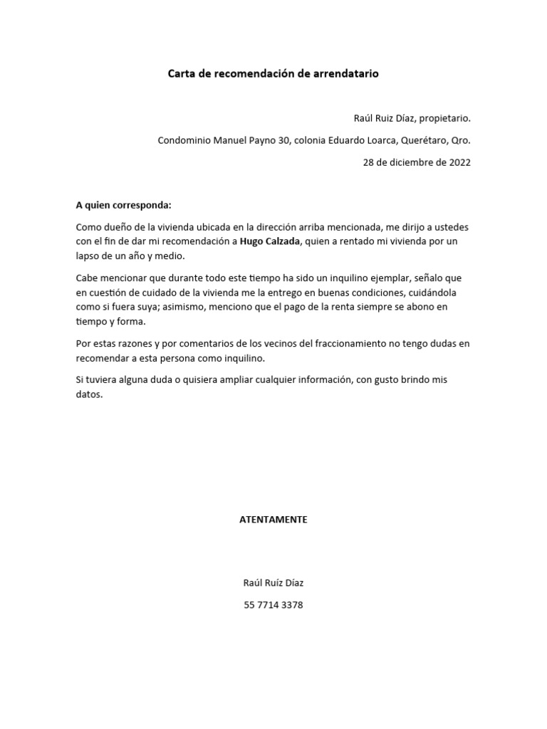 Carta De Recomendación De Arrendatario Hugo Calzada Pdf