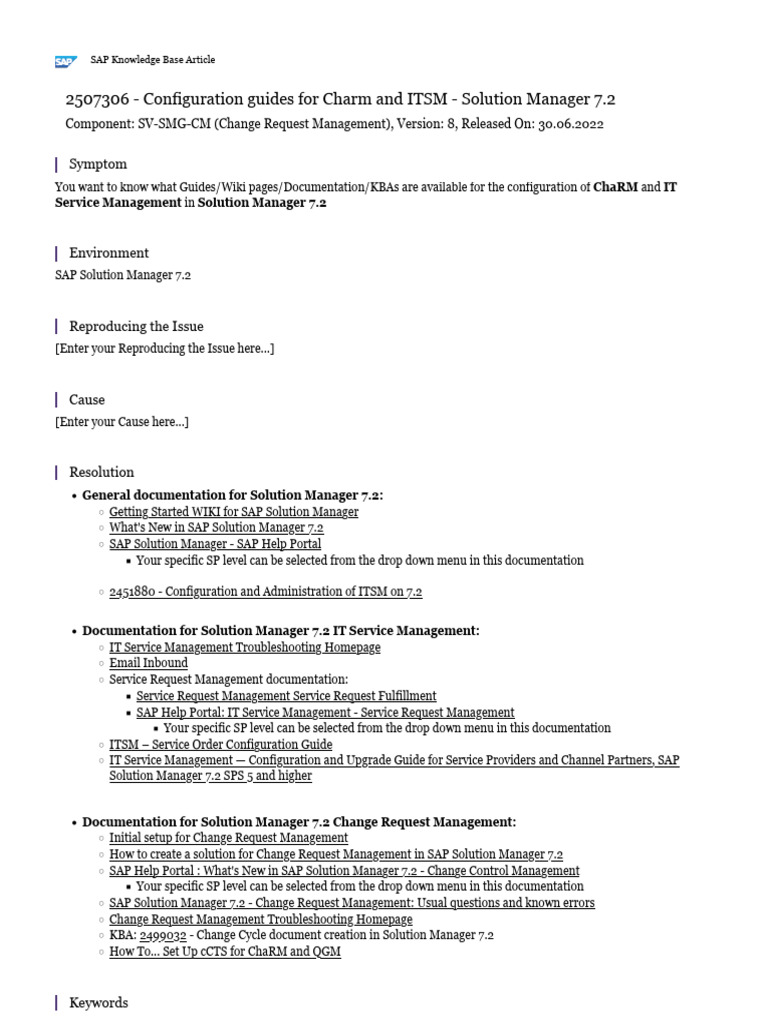 Configuration Guides For Charm and ITSM - Solution Manager 7.2 | PDF