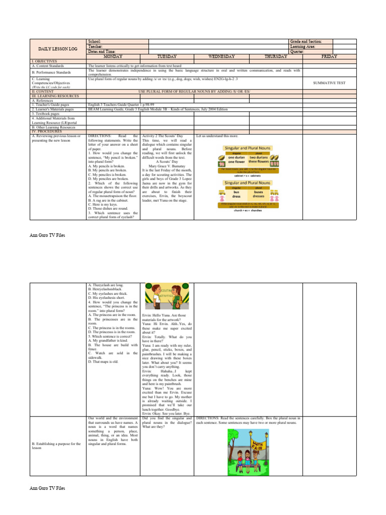 Grade 3 English DLL Week 5 Q1 | PDF | Plural | Noun