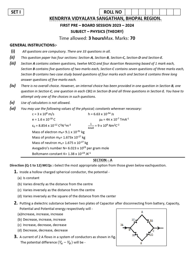 Question Paper Physics PB I 202324 Download Free PDF Inductor Transformer