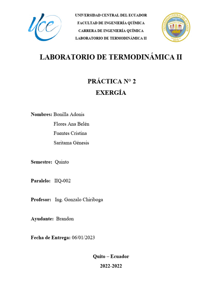 Práctica de Exergía en Termodinámica II | PDF