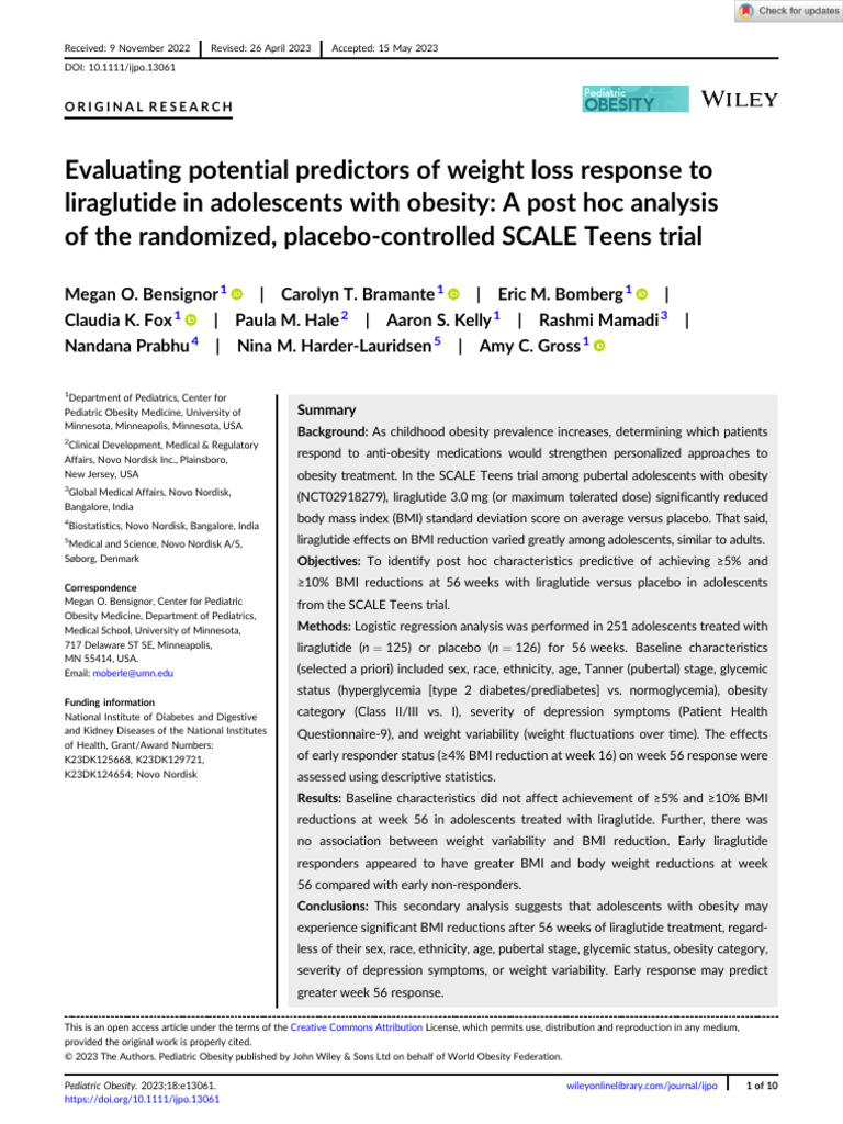 Predictors of Liraglutide Weight Loss in Teens | PDF | Obesity ...