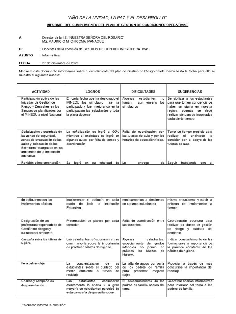 Informe de Gestión de Riesgos Educativos | PDF