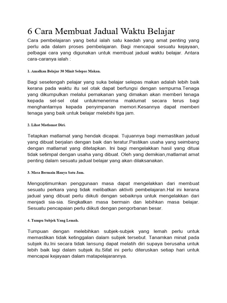 6 Cara Membuat Jadual Waktu Belajar Pdf