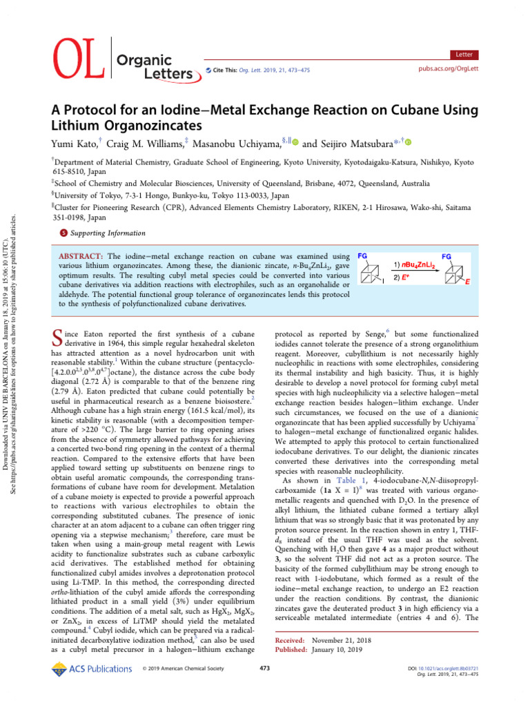 Protocol For An Iodine Metal Exchange Reaction On Cubane Using Lithium