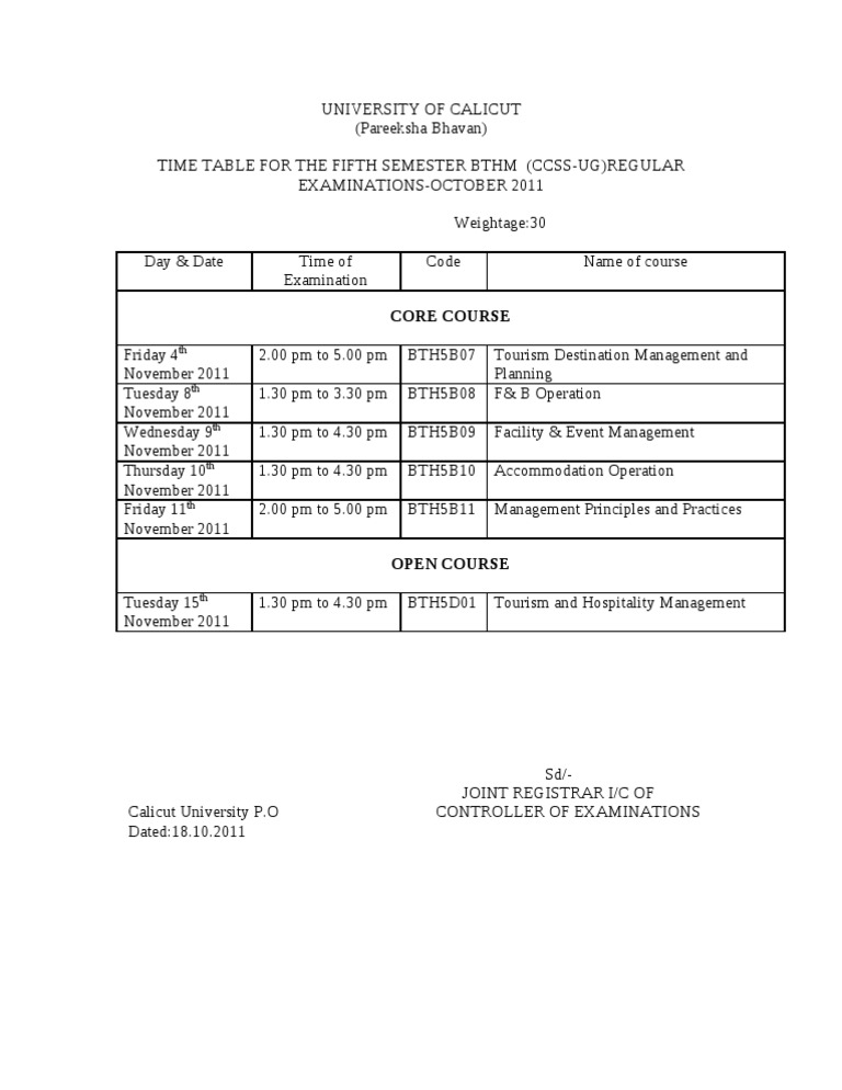 Calicut University BTHM Exam Timetable | PDF
