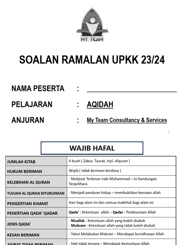 Soalan Ramalan Aqidah Upkk 2023 | PDF