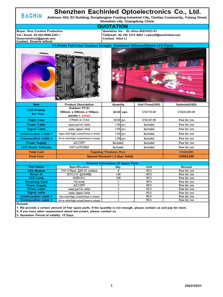 40sqm P3.91 Outdoor 500-500mm LED Screen Quotation To Dmarrio From ...