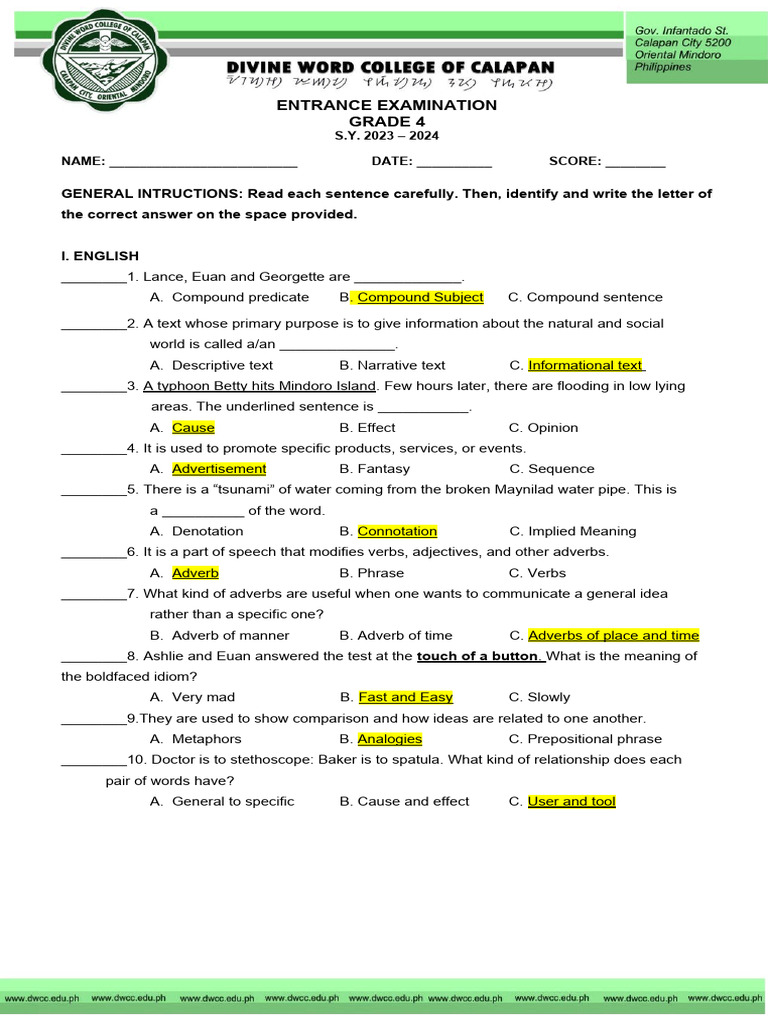 Grade 4 Entrance Exam 2023-2024 | PDF | Adverb | Linguistics
