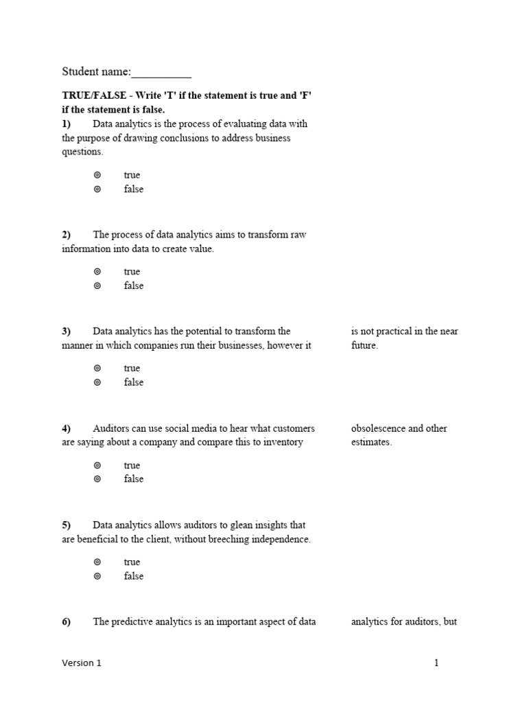 True/False Data Analytics Assessment | PDF