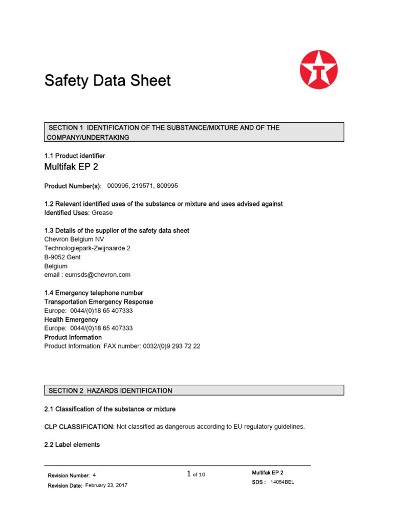 Multifak EP 2 Safety Data Sheet | PDF | Technology & Engineering
