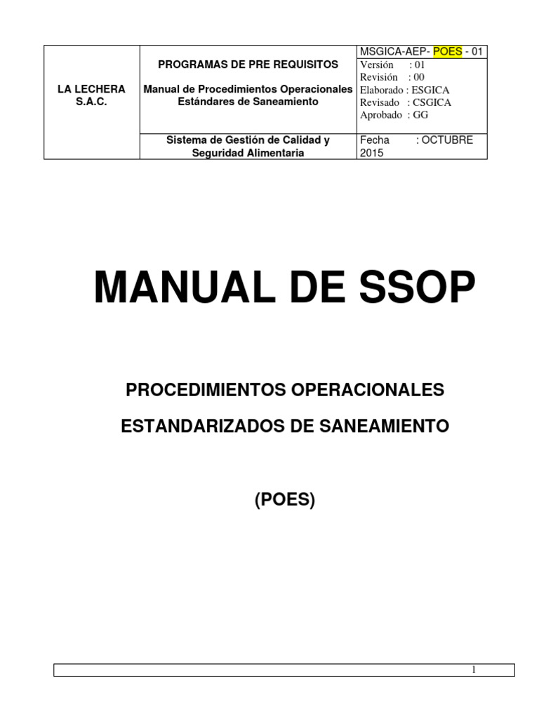 Manual SSOP Modelo 1 | PDF | Seguridad alimenticia | Análisis de Riesgo ...