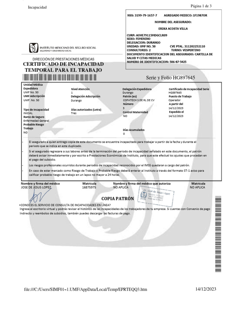 Certificado de Incapacidad IMSS 2023 | PDF
