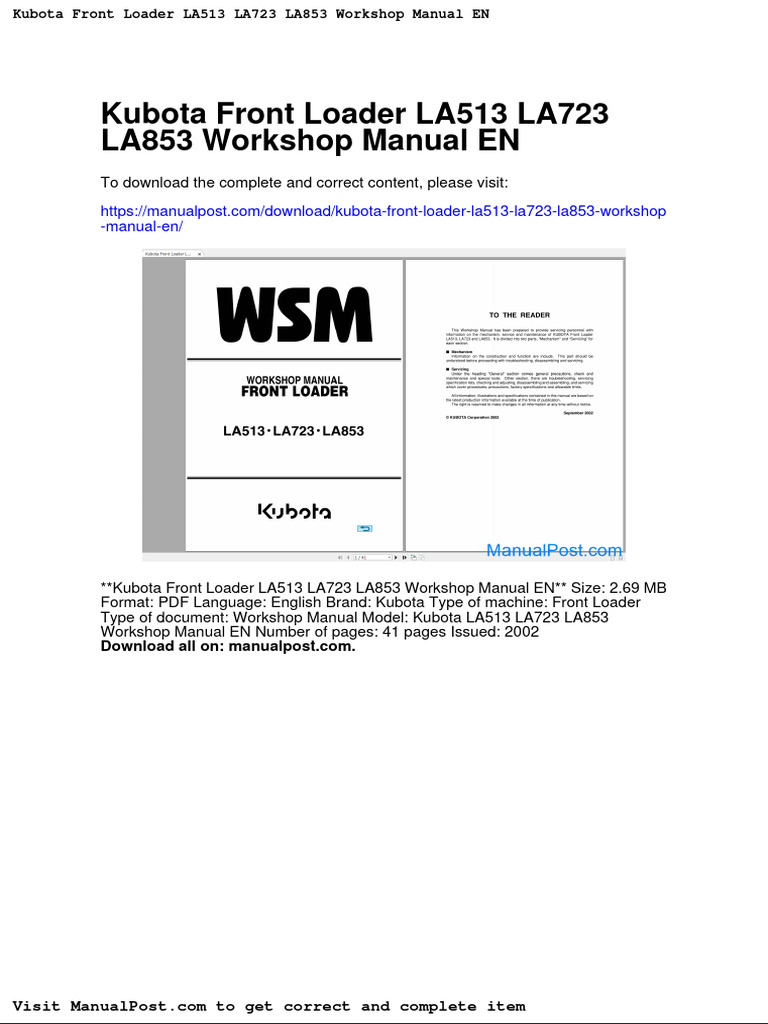 Kubota Front Loader La513 La723 La853 Manual en PDF