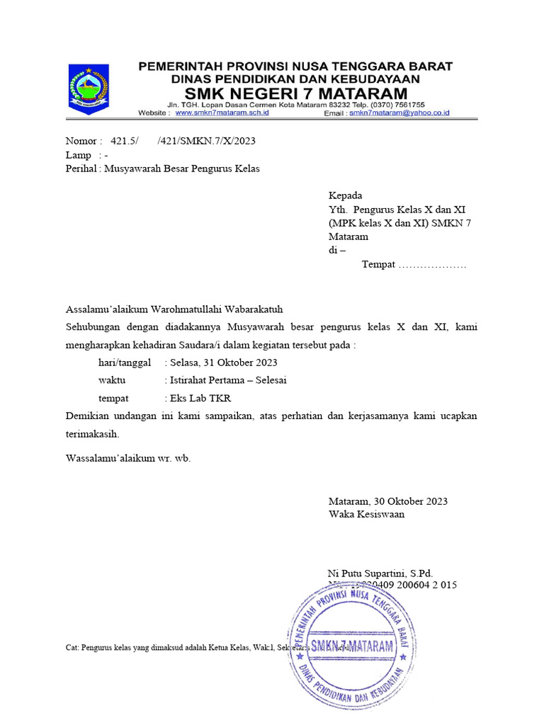 Undangan Rapat Musyawarah Pengurus Kelas SMKN 7 Mataram | PDF