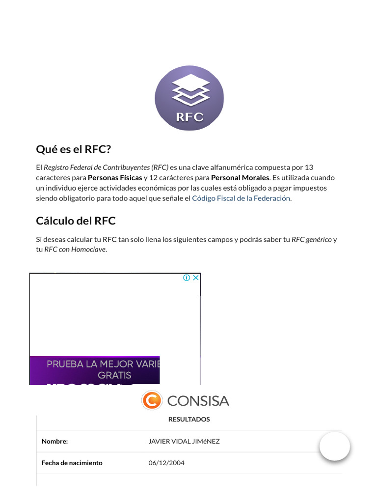 RFC - Cálculo en Linea Al Instante de Forma Sencilla y Sin Costo | PDF
